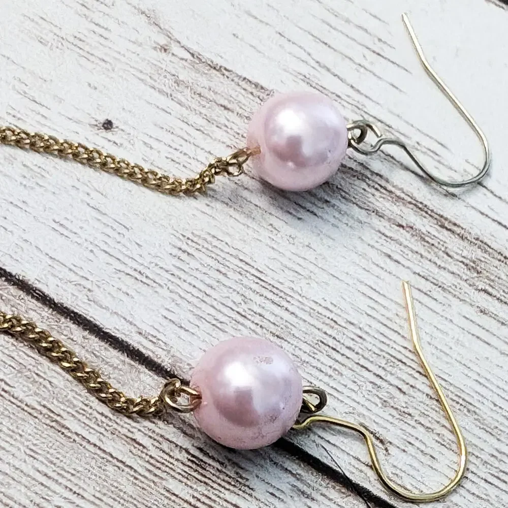 Vintage Earrings For Pierced Ears - Long Pink/Peach Faux Pearl Dangle